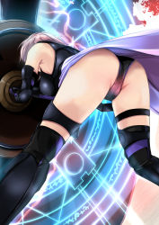 Rule 34 | 1girl, ass, bare shoulders, bent over, black thighhighs, blocking, boots, breasts, commentary request, elbow gloves, facing away, fate/grand order, fate (series), from behind, from below, gloves, holding, holding shield, mash kyrielight, medium breasts, pink hair, revision, shield, short hair, skindentation, solo, takamaru (akisora drawing), thigh strap, thighhighs, thighhighs under boots, weapon
