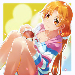 Rule 34 | 1girl, asuna (sao), blonde hair, breasts, cleavage, collarbone, cup, hair between eyes, hair ornament, hair scrunchie, highres, holding, holding cup, is ii, long hair, medium breasts, orange eyes, scrunchie, sitting, smile, solo, striped clothes, striped sweater, sweater, sword art online, teacup, twintails, very long hair, white scrunchie