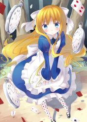 Rule 34 | 1girl, :o, alice in wonderland, bad id, bad pixiv id, blonde hair, blue eyes, blush, bow, card, chm (macharge), dress, hair bow, long hair, open mouth, pantyhose, patterned, pocket watch, shoes, solo, tree, v arms, watch, wavy hair