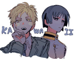 Rule 34 | 2boys, axis powers hetalia, black eyes, black hair, blonde hair, blush stickers, closed mouth, collared shirt, cropped shoulders, expressionless, fingernails, green jacket, hand on own face, hand up, high collar, highres, jacket, japan (hetalia), jitome, long sleeves, looking ahead, looking at viewer, male focus, military uniform, multiple boys, naotin3333, open mouth, portrait, shirt, short hair, simple background, unfinished, uniform, united kingdom (hetalia), white background, white shirt, yellow eyes
