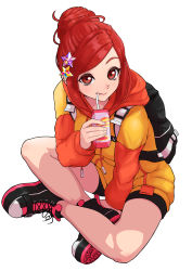 Rule 34 | 1girl, absurdres, asobe iroha, backpack, bag, bike shorts, drinking straw, full body, hair bun, hair ornament, highres, holding, jacket, kunimaki, looking at viewer, magicami, multicolored clothes, multicolored jacket, orange jacket, red eyes, red hair, shoes, sidelocks, sneakers, star (symbol), thighs, two-tone jacket, white background, yellow jacket