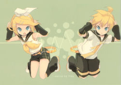 Rule 34 | 1boy, 1girl, aqua eyes, artist request, bare shoulders, blonde hair, brother and sister, detached sleeves, hair ornament, hair ribbon, hairclip, headphones, headset, kagamine len, kagamine rin, leg warmers, necktie, open mouth, ribbon, sailor collar, short hair, shorts, siblings, tomsan, twins, vocaloid, yellow necktie