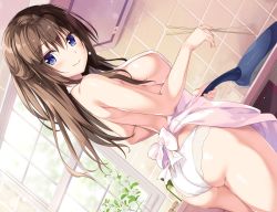 Rule 34 | 1girl, apron, ass, bare shoulders, blue eyes, blush, boku no kanojo sensei, breasts, brown hair, closed mouth, commentary request, cooking, fujiki maka, hair between eyes, half updo, highres, kitchen, large breasts, long hair, looking at viewer, looking back, naked apron, nearly naked apron, oryo (oryo04), panties, simple background, smile, solo, standing, underwear, waist apron, white panties, window