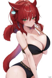 Rule 34 | 1girl, animal ears, bare shoulders, black bra, black panties, bra, braid, breasts, cat day, cat ears, cat girl, cat tail, cleavage, closed mouth, commentary, ear ornament, expressionless, facial mark, final fantasy, final fantasy xiv, green eyes, hair between eyes, highres, large breasts, long hair, looking at viewer, miqo&#039;te, navel, panties, red hair, shhilee, sidelocks, signature, simple background, solo, strap lift, strap slip, tail, underwear, warrior of light (ff14), whisker markings, white background, wide ponytail
