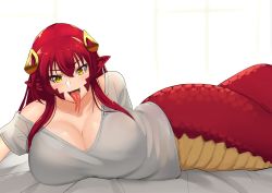 Rule 34 | 1girl, absurdres, blush, breasts, collarbone, commission, commissioner upload, forked tongue, grey shirt, hair ornament, highres, lamia, large breasts, long hair, looking at viewer, lying, miia (monster musume), monster girl, monster musume no iru nichijou, on bed, on side, open mouth, pointy ears, red hair, scales, shirt, simple background, slit pupils, solo, stormcow, tongue, yellow eyes