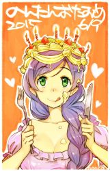Rule 34 | 1girl, :q, border, braid, breasts, cake, candle, cleavage, dress, food, food on head, fruit, green eyes, hair over shoulder, heart, idolmaster, idolmaster cinderella girls, long hair, nonco, object on head, puffy short sleeves, puffy sleeves, purple dress, purple hair, short sleeves, signature, smile, solo, strawberry, tongue, tongue out, tojo nozomi, upper body, white border