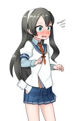 Rule 34 | 1girl, absurdres, black hair, blue sailor collar, blue skirt, dated, disembodied limb, flat chest, green eyes, hairband, hand under clothes, hand under skirt, highres, hip vent, kantai collection, long hair, maru (marg0613), necktie, no eyewear, one-hour drawing challenge, ooyodo (kancolle), pleated skirt, red necktie, sailor collar, school uniform, serafuku, skirt, solo, surprised, twitter username, white hairband