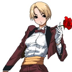 Rule 34 | 1girl, androgynous, blonde hair, bow, bowtie, chiisan, earrings, flower, formal, gloves, jewelry, king (snk), looking at viewer, lowres, pant suit, pants, reverse trap, rose, ryuuko no ken, short hair, simple background, snk, solo, suit, the king of fighters, traditional bowtie, tuxedo, white background, white gloves