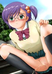 Rule 34 | 00s, 1girl, black skirt, black socks, blue sky, blush, bow, bowtie, breasts, brown footwear, censored, cloud, cloudy sky, collared shirt, glasses, green eyes, green skirt, hair bobbles, hair ornament, hands on own knees, kirisato nanaka, kneehighs, long sleeves, looking at viewer, medium breasts, miniskirt, nanaka 6/17, no panties, outdoors, peeing, pleated skirt, ponytail, purple hair, pussy, red bow, red bowtie, rimless eyewear, shirt, shoes, short hair, short ponytail, side ponytail, skirt, sky, socks, solo, spread legs, squatting, studio colors, sweater, toshipiyo, uncensored, white shirt, yellow sweater