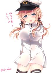 Rule 34 | 1girl, alternate costume, anchor hair ornament, black thighhighs, blonde hair, blue eyes, blush, cosplay, female admiral (kancolle), female admiral (kancolle) (cosplay), hair ornament, hat, ichiyou moka, jacket, kantai collection, long sleeves, open mouth, peaked cap, ponytail, prinz eugen (kancolle), solo, thighhighs, white jacket