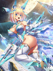 Rule 34 | 1girl, :d, ass, blonde hair, blue eyes, breasts, cleavage, commentary request, gloves, gun, highres, holding, holding gun, holding weapon, large breasts, long hair, looking at viewer, mecha musume, open mouth, original, short hair, smile, solo, sophia f shirring, takamine nadare, thighs, weapon, white gloves