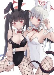 Rule 34 | 2girls, absurdres, animal ears, black hair, black horns, black leotard, black tail, blue archive, blush, braid, breasts, cleavage, closed mouth, covered navel, demon horns, demon tail, detached collar, fake animal ears, fishnet pantyhose, fishnets, fuuka (blue archive), grey hair, halo, haruna (blue archive), highres, horns, kirin (kirin1023), large breasts, leotard, long hair, multiple girls, pantyhose, rabbit ears, red eyes, red halo, side braid, simple background, small breasts, tail, white background, white leotard, wrist cuffs