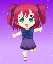 Rule 34 | 1girl, aqua eyes, artist name, artist request, bare legs, blue bow, blue dress, blue footwear, blue skirt, blush, bow, breasts, chibi, cloud, collared dress, dress, female focus, full body, green eyes, hair between eyes, hair bow, highres, kurosawa ruby, looking at viewer, love live!, love live! school idol festival, love live! sunshine!!, miniskirt, night, night sky, outdoors, outstretched arms, parted lips, plaid, plaid dress, plaid skirt, pleated, pleated dress, pleated skirt, purple sky, red hair, shoes, short hair, skirt, sky, sleeveless, sleeveless dress, small breasts, smile, solo, spread arms, standing, standing on one leg, star (sky), twintails, two side up, yume de yozora wo terashitai