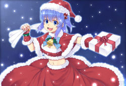 Rule 34 | 1girl, alternate costume, bell, blue eyes, blue hair, bow, box, breasts, cleavage, female focus, fingerless gloves, gift, gift box, gloves, hair bobbles, hair ornament, hat, holding, holding gift, kawashiro nitori, key, long hair, matching hair/eyes, medium breasts, midriff, navel, open mouth, outstretched arms, saemon (tonpura), santa costume, santa hat, short hair, smile, snow, snowing, solo, touhou, twintails, two side up