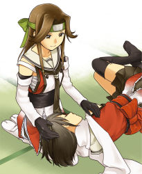 Rule 34 | 10s, 2girls, blush, brown eyes, brown hair, commentary, elbow gloves, closed eyes, forehead protector, gloves, hachimaki, headband, jintsuu (kancolle), kantai collection, lap pillow, long hair, lying, lying on lap, mori (unknown.), multiple girls, remodel (kantai collection), scarf, school uniform, seiza, sendai (kancolle), short hair, sitting, skirt, smile, white scarf