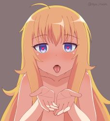 Rule 34 | 1girl, ahoge, bad id, bad pixiv id, blonde hair, blue eyes, collarbone, commentary request, flat chest, gabriel dropout, gabriel tenma white, grey background, heart, heart-shaped pupils, highres, long hair, looking at viewer, messy hair, nude, nyaroon, oral invitation, own hands together, solo, symbol-shaped pupils, tongue, tongue out, twitter username, upper body