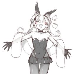 Rule 34 | 1girl, :d, animal ears, breasts, choker, closed mouth, double bun, elbow gloves, fake animal ears, feather boa, gloves, goddess of victory: nikke, greyscale, hair between eyes, hair bun, leotard, long hair, monochrome, n102 (nikke), open mouth, pantyhose, playboy bunny, rabbit ears, rupee (nikke), rupee (nikke) (cosplay), rupee (rabbit deluxe) (nikke), short twintails, skirt, small breasts, smile, solo, strapless, strapless leotard, tenbin gashira, twintails