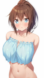 Rule 34 | 1girl, amasawa chigusa, arms behind back, bare shoulders, blue eyes, bottomless, breasts, brown hair, collarbone, highres, kazuma (kazumav), large breasts, looking at viewer, original, simple background, solo, sweat, white background