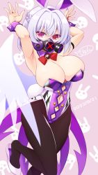 Rule 34 | 1girl, \||/, animal ears, armpit crease, arms up, bow, bowtie, braid, breasts, brooch, bunny day, chain, cleavage, clothing cutout, dated, fake animal ears, french braid, gas mask, high heels, highres, jewelry, kishin sagume, large breasts, leotard, looking at viewer, mask, muchin jousha, nail polish, navel, navel cutout, playboy bunny, purple eyes, purple nails, rabbit ears, red bow, red bowtie, short hair, single wing, solo, touhou, white footwear, white hair, wings, wrist cuffs