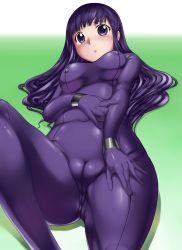 Rule 34 | 1girl, aabitan, absurdres, blush, bodysuit, breasts, cameltoe, cleft of venus, covered erect nipples, curvy, highres, large breasts, legs, long hair, looking at viewer, lying, purple eyes, purple hair, simple background, solo, thighs