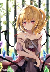 Rule 34 | 1girl, ahoge, bare shoulders, blonde hair, brown dress, collarbone, commentary request, crystal, hugging doll, dress, flandre scarlet, glint, highres, hyurasan, iron bars, jewelry, leaf, looking at viewer, medium hair, necklace, hugging object, off shoulder, one side up, parted lips, plant, red eyes, solo, spaghetti strap, strap slip, stuffed animal, stuffed toy, teddy bear, touhou, upper body, vines, wings