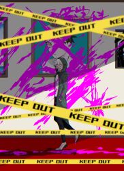 Rule 34 | 1boy, :d, bad id, bad twitter id, black pants, blood, blood on clothes, blood on wall, brown eyes, buxiang (unknown scr6), caution tape, commentary request, danganronpa (series), danganronpa 2: goodbye despair, facing viewer, foot up, from side, green jacket, hair between eyes, hands in pockets, highres, hinata hajime, hood, hooded jacket, indoors, jacket, keep out, komaeda nagito, long sleeves, male focus, open mouth, painting (object), pants, pink blood, shirt, short hair, smile, solo, teeth, upper teeth only, white shirt