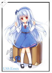 Rule 34 | 1girl, aged down, belt, black border, black footwear, blue dress, blue hair, blue hat, blue ribbon, blush, border, character name, child, clenched hands, closed mouth, dress, essex (warship girls r), frown, full body, hat, knees together feet apart, long sleeves, looking at viewer, red eyes, red ribbon, ribbon, shirt, shoes, socks, solo, standing, stuffed animal, stuffed rabbit, stuffed toy, suitcase, tengxiang lingnai, text focus, warship girls r, white background, white shirt, white socks