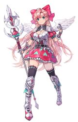 Rule 34 | 1girl, armor, armored boots, belt, black thighhighs, blue eyes, boots, bow, breasts, cleavage, closed mouth, feathered wings, full body, garter straps, gauntlets, hair bow, hair ornament, highres, holding, holding weapon, kinchee, long hair, medium breasts, miniskirt, original, petticoat, pink hair, polearm, puffy short sleeves, puffy sleeves, short sleeves, simple background, skirt, smile, solo, spear, thighhighs, very long hair, weapon, white background, white wings, wings