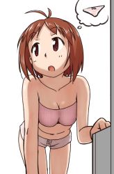 Rule 34 | 00s, 1girl, antenna hair, bandeau, bare shoulders, bow, bow panties, breasts, brown hair, cleavage, hidaka ai, idolmaster, idolmaster dearly stars, looking away, open mouth, panties, short hair, shorts, solo, strapless, thought bubble, ttomm, tube top, underwear