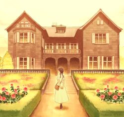 Rule 34 | 1girl, absurdres, bag, black hair, braid, building, dress, flower, full body, garden, handbag, highres, kanai (nai nai), mansion, original, outdoors, own hands together, real world location, red flower, red rose, rose, sky, solo, stairs, twin braids, white dress