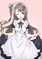 Rule 34 | 10s, 1girl, ;d, apron, bad id, bow, brown eyes, brown hair, hair bow, highres, long hair, looking at viewer, love live!, love live! school idol festival, love live! school idol project, maid, maid apron, maid headdress, matsuryuu, minami kotori, one eye closed, open mouth, side ponytail, sketch, smile, solo, wonder zone