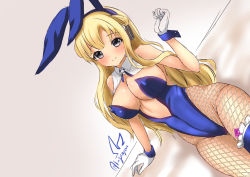 Rule 34 | 1girl, adapted costume, animal ears, blonde hair, blue leotard, breasts, cleavage, condom, covered navel, detached collar, double bun, earphones, fake animal ears, fishnet pantyhose, fishnets, fletcher (kancolle), fletcher mk ii (kancolle), gloves, hair bun, hair ornament, highres, kantai collection, kuga zankurou, large breasts, leotard, long hair, neckerchief, off shoulder, pantyhose, playboy bunny, purple eyes, rabbit ears, signature, sitting, solo, star (symbol), star hair ornament, strapless, strapless leotard, twitter username, united states medal of honor, white gloves, wrist cuffs, yellow neckerchief