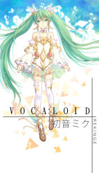 Rule 34 | 1girl, alternate costume, breasts, cleavage, clothing cutout, detached sleeves, earrings, full body, green eyes, green hair, hatsune miku, highres, jewelry, long hair, navel, navel cutout, reking, shoes, small breasts, solo, thighhighs, twintails, very long hair, vocaloid, wide sleeves, winged footwear, wings