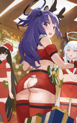 Rule 34 | 3girls, absurdres, alternate costume, antlers, ass, black hair, blue archive, blush, box, christmas, gift, gift box, grey hair, halo, hat, highres, horns, indoors, long hair, maqin, mechanical halo, multiple girls, no panties, noa (blue archive), open mouth, pom pom (clothes), purple eyes, purple hair, red headwear, red skirt, red thighhighs, reindeer antlers, rio (blue archive), santa hat, skirt, thighhighs, torn clothes, torn skirt, two side up, yuuka (blue archive)