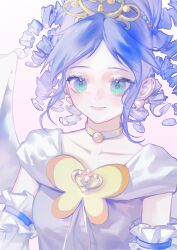 Rule 34 | 1girl, absurdres, angel wings, aqua eyes, bell, blue garter, blue hair, butterfly brooch, chinese commentary, choker, closed mouth, collarbone, commentary request, detached sleeves, dress, drill hair, earrings, eyelashes, frilled garter, fushigiboshi no futago hime, gold tiara, gradient background, green choker, heart, heart earrings, highres, jewelry, looking at viewer, neck bell, pink background, pink lips, ponytail, princess, ravenya0w0, rein (futagohime), short sleeves, simple background, smile, solo, tiara, upper body, white dress, white sleeves, white wings, wings