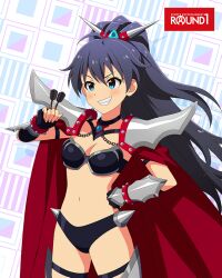 1girl armor bikini_armor blue_eyes blue_hair breasts cape card_(medium) cleavage english_text fingerless_gloves ganaha_hibiki gloves grin idolmaster idolmaster_million_live! idolmaster_million_live!_theater_days navel official_art pauldrons ponytail shoulder_armor smile solo spikes