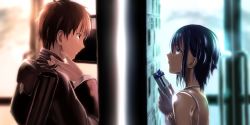 Rule 34 | 1boy, 1girl, bare shoulders, blush, brown hair, couple, dark-skinned female, dark skin, dress, fate/prototype, fate/prototype: fragments of blue and silver, fate (series), gift, hassan of serenity (fate), highres, kitano tatsumi, mukade (siieregannsu), open mouth, school, school uniform, short hair