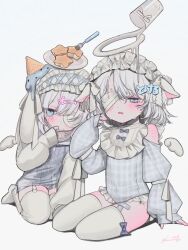 Rule 34 | 2girls, animal ears, bandaid on thigh, bib, blue eyes, blush, commentary, cup, detached wings, drinking glass, english commentary, food, frilled hairband, frills, garter straps, hair ornament, hairband, halo, highres, ice cream cone, ice cream cone on head, lolita hairband, long sleeves, looking at viewer, melting halo, mercure 1104, milk, mini wings, multiple girls, open mouth, original, pastry, plate, short hair, simple background, sitting, sweat, thighhighs, vaccine scar, white hair, white thighhighs, wings