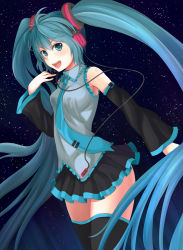 Rule 34 | 1girl, :d, aqua eyes, aqua hair, bad id, bad pixiv id, detached sleeves, hatsune miku, headphones, long hair, looking at viewer, necktie, open mouth, skirt, smile, solo, star (sky), thighhighs, twintails, very long hair, vocaloid, willgoon, zettai ryouiki