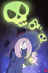Rule 34 | 1girl, absurdres, chris re5, flask, grin, hair over one eye, hat, highres, little witch academia, makeup, pink hair, purple eyes, sharp teeth, signature, skull, smile, solo, sparkle, sucy manbavaran, teeth, upper body, wand, wide sleeves, witch hat