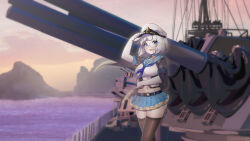 Rule 34 | 1girl, absurdres, alia adelia, belt buckle, blue choker, blue eyes, blue sailor collar, blue skirt, breasts, buckle, choker, collarbone, copyright name, crop top, elbow gloves, glasses, gloves, hand on headwear, hand up, hat, highres, kaiend, maha5, medium breasts, military hat, military vehicle, navel, neckerchief, ocean, parted lips, peaked cap, pleated skirt, purple neckerchief, round eyewear, sailor collar, ship, shirt, short hair, skirt, solo, star (symbol), teeth, thighhighs, upper teeth only, virtual youtuber, warship, watercraft, white gloves, white hair, white hat, white shirt