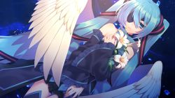 Rule 34 | 1girl, black skirt, black sleeves, blue eyes, blue hair, closed mouth, detached sleeves, dutch angle, eyepatch, feathered wings, flower, frilled sleeves, frills, hair between eyes, hair ribbon, hatsune miku, highres, holding, holding flower, long hair, long sleeves, looking at viewer, matsuda toki, miniskirt, ribbon, skirt, sleeves past wrists, solo, standing, striped ribbon, thigh gap, thighhighs, twintails, very long hair, vocaloid, white flower, white wings, wide sleeves, wings, zettai ryouiki