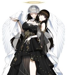 2girls angel angel_wings black_wings breasts cleavage collarbone dress dual_persona feathered_wings feathers grey_hair hair_over_one_eye halo koishikawa large_breasts long_hair multicolored_hair multiple_girls nijisanji orange_eyes selfcest shirayuki_tomoe shirayuki_tomoe_(12th_costume) smile strapless strapless_dress transparent_background veil virtual_youtuber white_dress white_veil white_wings wings yuri