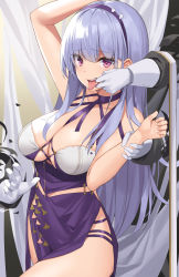 Rule 34 | 1girl, absurdres, azur lane, bare shoulders, blush, breasts, cleavage, collarbone, criss-cross halter, dido (anxious bisque doll) (azur lane), dido (azur lane), disembodied hand, dress, finger in another&#039;s mouth, gloves, hairband, halter dress, halterneck, headband, highres, holding another&#039;s wrist, large breasts, long hair, looking at viewer, multiple hands, open mouth, purple dress, purple hairband, purple headband, suiroh (shideoukami), thighs, tongue, tongue out, white gloves