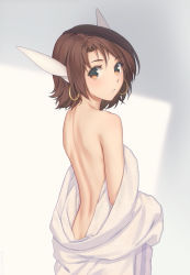 Rule 34 | 1girl, animal ears, back, back focus, bad id, bad pixiv id, bare back, bare shoulders, blush, brown eyes, brown hair, commentary, cowboy shot, earrings, english commentary, highres, hoop earrings, japanese clothes, jewelry, kimono, long sleeves, looking at viewer, miura-n315, mixed-language commentary, naked kimono, open clothes, open kimono, parted lips, sakuya (utawarerumono), short hair, solo, two-tone background, utawarerumono, utawarerumono: itsuwari no kamen, white kimono