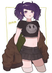 Rule 34 | 1girl, absurdres, asymmetrical bangs, blunt bangs, crop top, cropped legs, denim, denim skirt, hair horns, highres, idolmaster, idolmaster shiny colors, jacket, jewelry, looking at viewer, medium hair, midriff, navel, necklace, off shoulder, pleated skirt, purple eyes, purple hair, shirt, skirt, smile, smiley face, solo, sorcery, t-shirt, tanaka mamimi, thighhighs, tongue, tongue out, twintails, vivienne westwood, zipper