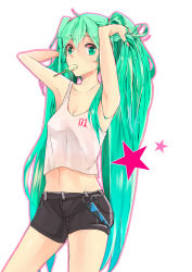Rule 34 | 1girl, absurdres, armpits, arms up, bad id, bad pixiv id, bunching hair, character name, food, green eyes, green hair, hatsune miku, highres, holding, holding hair, long hair, matching hair/eyes, midriff, mouth hold, navel, pine (yellowpine112), popsicle, shorts, solo, star (symbol), tsukun112, twintails, very long hair, vocaloid, white background