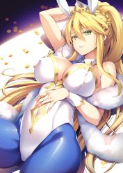 Rule 34 | 1girl, animal ears, arm up, artoria pendragon (all), artoria pendragon (fate), artoria pendragon (swimsuit ruler) (fate), bare shoulders, blonde hair, blue pantyhose, braid, breasts, cleavage, clothing cutout, coin, collar, commentary request, covered erect nipples, detached collar, fake animal ears, fate/grand order, fate (series), fingernails, green eyes, hair between eyes, hand on own stomach, high ponytail, highres, large breasts, leotard, long hair, looking at viewer, navel, navel cutout, necktie, pantyhose, playboy bunny, ponytail, rabbit ears, sidelocks, solo, tiara, very long hair, white collar, wrist cuffs, yuzu modoki