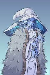 Rule 34 | 1girl, blue eyes, blue hair, blue lips, blue skin, cape, cloak, closed mouth, colored skin, dress, elden ring, extra arms, fur cloak, hat, highres, large hat, long sleeves, looking at viewer, medikkuu, one eye closed, ranni the witch, smile, solo, standing, white dress, wide sleeves, witch hat