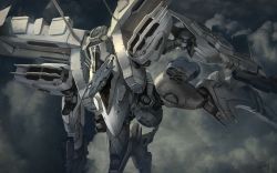 Rule 34 | armored core, armored core: for answer, cloud, commentary request, dual wielding, dutch angle, flying, glowing, gun, highres, holding, holding gun, holding weapon, karamas, mecha, mecha focus, mechanical, military, outdoors, robot, weapon, white glint